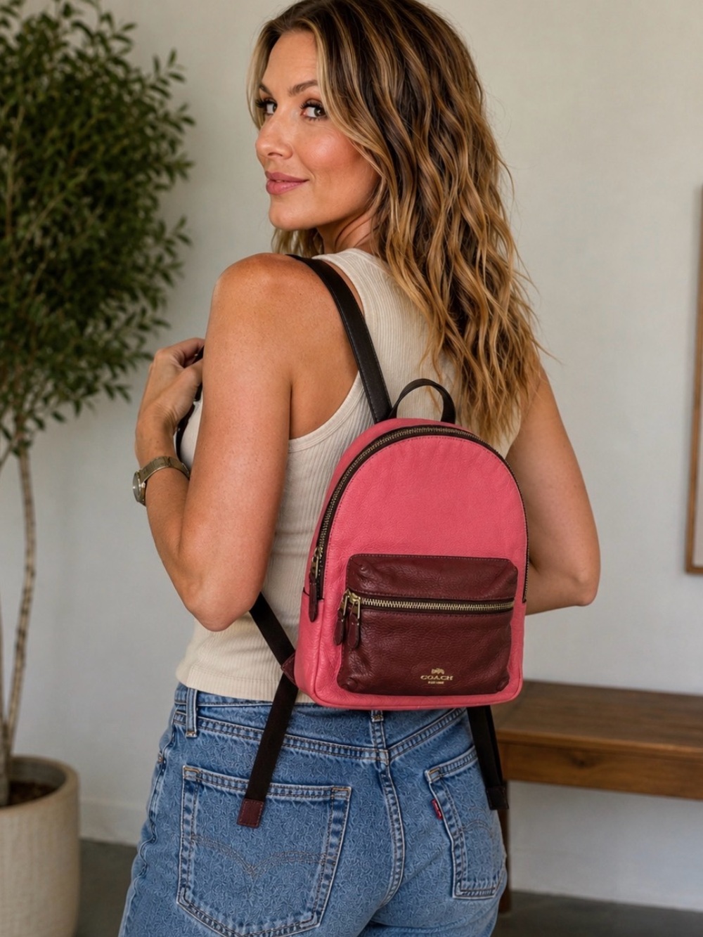 Coach Charlie Pink Two-Tone Leather Medium Backpack